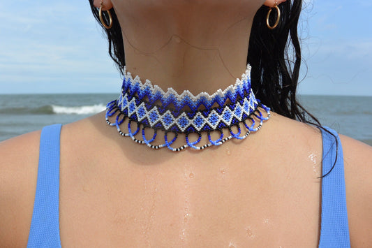 HIGH NECK CHOKER DARK BLUE/WHITE